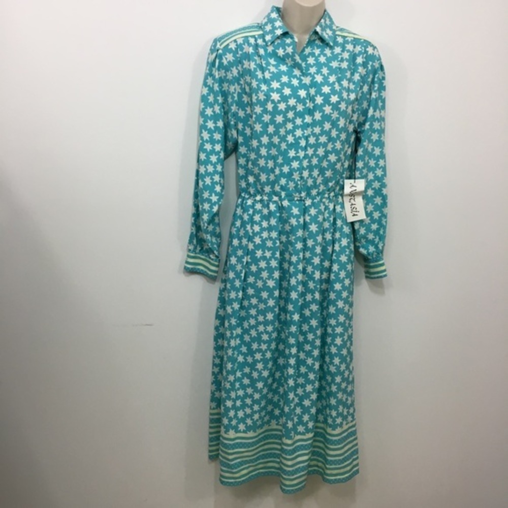 Anastasia Blue and White Star Long Sleeve Dress w/Shoulder Pads
